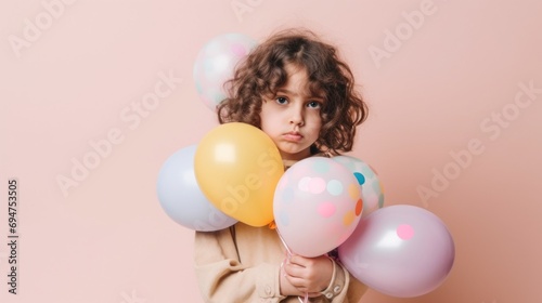 The little boy stands against a light pink studio background, showcasing his birthday presents and balloons. © iuricazac