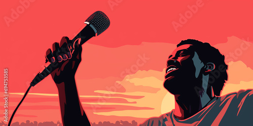 illustration of someone holding a microphone and recording an event or any particular emotions.
