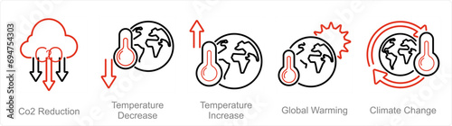 A set of 5 climate change icons as co2 reduction, temperature decrease, temperature increase