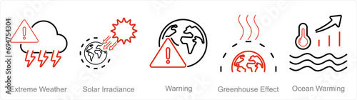 A set of 5 climate change icons as extreme weather, solar irradiance, warning