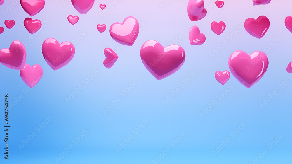 Valentine's Day bright magenta hearts float against a serene blue gradient background perfect for romantic celebrations, Valentine's Day. Ideal for cards and promotions, has copy space.