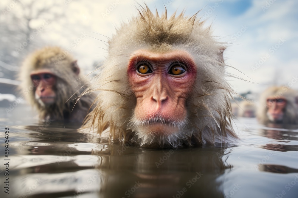 Japanese monkeys, snow monkeys, warm themselves in a hot spring in winter. Generative AI. Japanese monkeys, snow monkeys, warm themselves in a hot spring in winter. Generative AI.