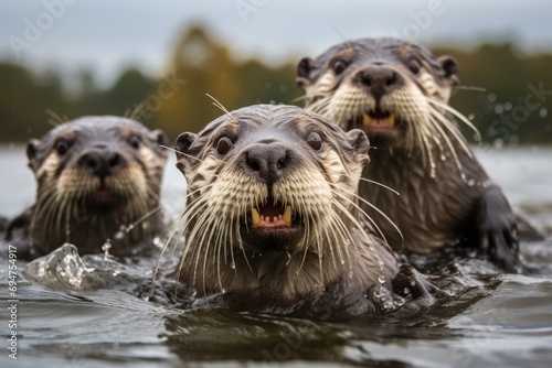otters playfully swimming in the water and looking at the camera, generative AI © Phichitpon