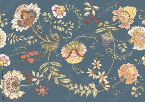 Fantasy flowers in retro, vintage, jacobean embroidery style. Seamless pattern, background. Vector illustration. photo