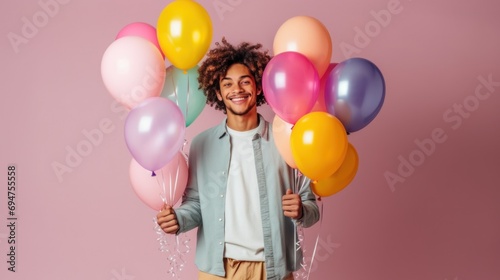 Young man stands with a birthday gift and pastel balloons against a pink studio backdrop.