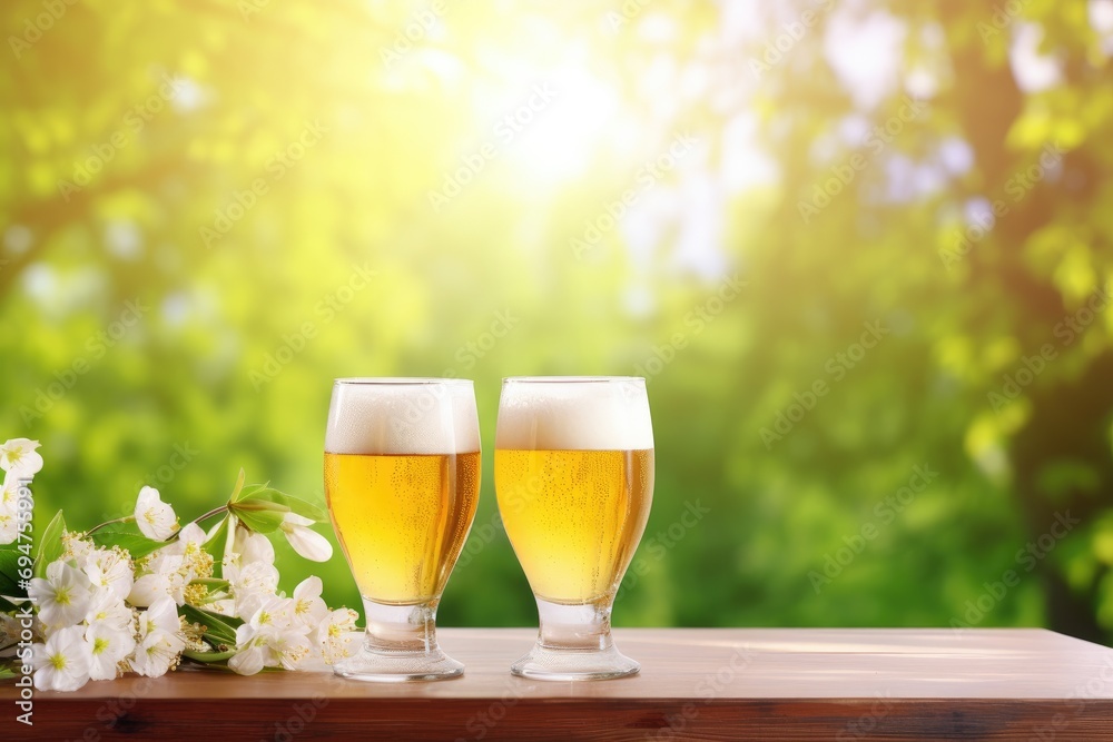 Refreshing beer: a cold pint in a frothy mug on a table in a spring garden, perfect for a celebration. Refreshing beer: a cold pint in a frothy mug on a table in a spring garden, perfect for a celebration.