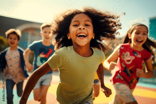 There are many children running together on a court. Generative AI