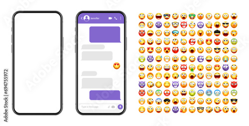 Smartphone messaging app, user interface design with emoji. SMS text frame. Chat screen with violet message bubbles. Texting app for communication. Social media application. Vector illustration