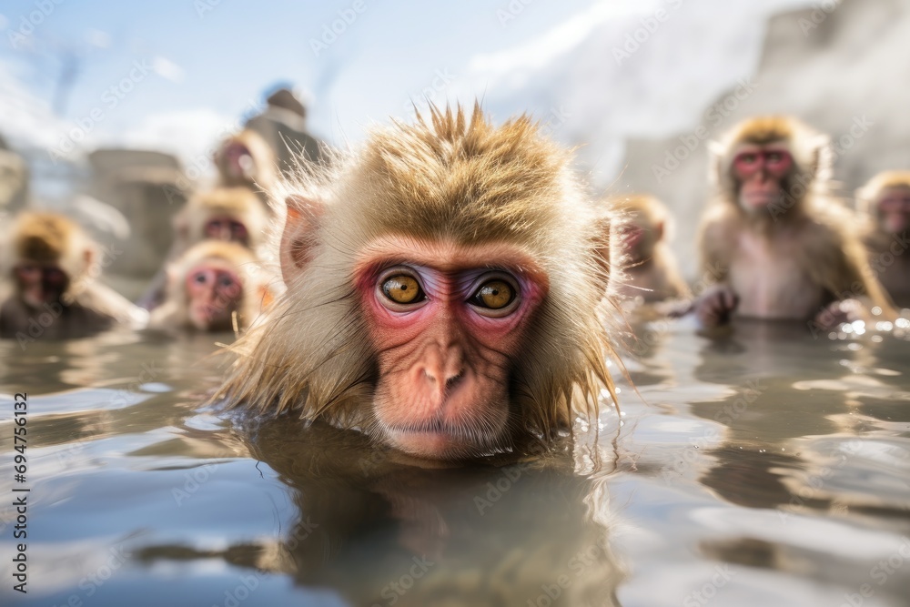 Obraz premium Japanese monkeys, snow monkeys, warm themselves in a hot spring in winter. Generative AI.