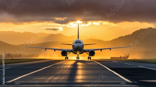A large airplane on the runway at sunset. Generative AI.