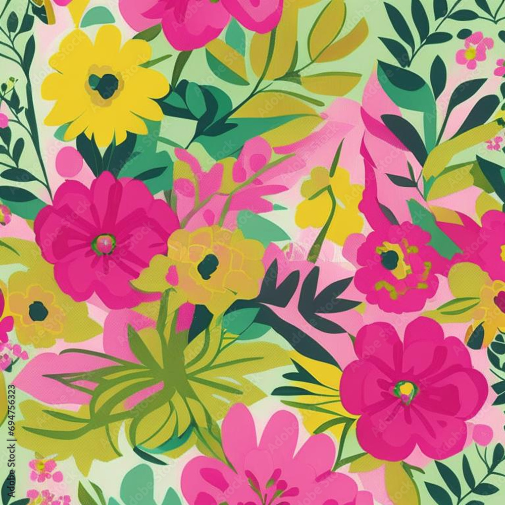custom made wallpaper toronto digitalGreen, yellow and pink watercolor flowers with stems and leaves. Watercolor art background.