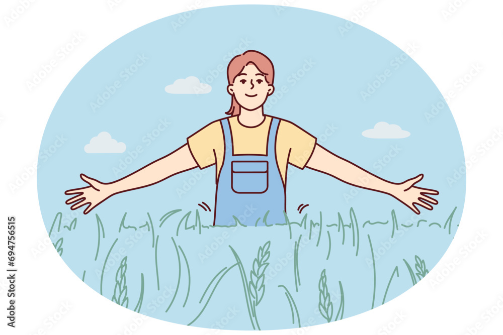 Smiling girl walking in field enjoying sunny weather outdoors. Happy female in cropland or pasture. Environment and nature. Vector illustration.