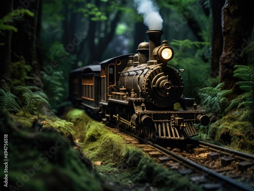 A train traveling through a forest with steam coming out of the engine. Generative AI.