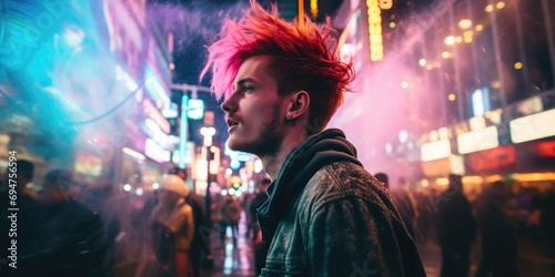 A man with pink hair and a red mohawk standing in front of a crowd. Generative AI.