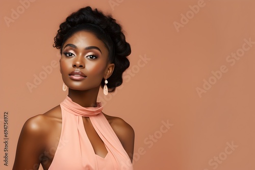 Beautiful woman with an afro hairstyle on peach studio background