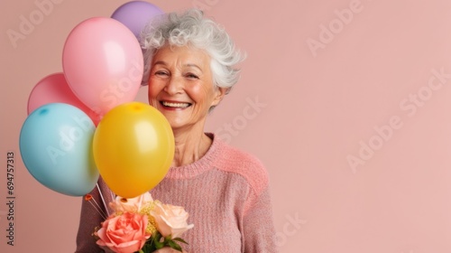 Against a clear pink studio backdrop, a senior woman enjoys her birthday with balloons and a special present.