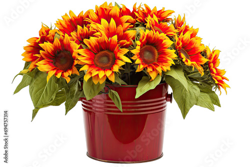 bunch of sunflowers in red bucket isolated on transparant background 