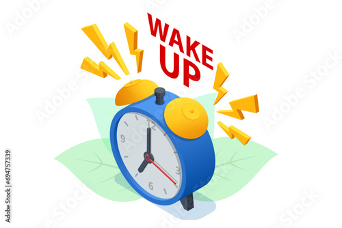 Isometric representation of an alarm clock waking up, with ringing watches accompanied by flashing lightning. Morning alert, time countdown, conveys a last chance sale or approaching deadline