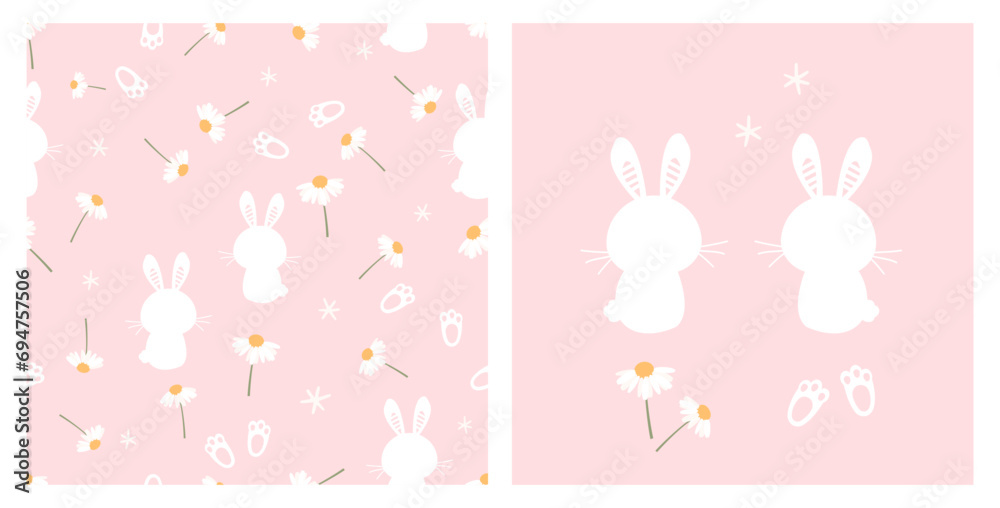 Seamless pattern with bunny rabbit cartoons, foot print and daisy flower on pink background vector.