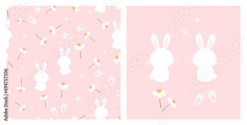 Seamless pattern with bunny rabbit cartoons, foot print and daisy flower on pink background vector.