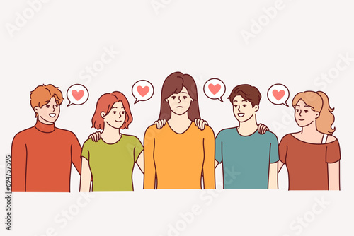 Friends console upset woman in need of moral support and help from loved ones after breaking up with boyfriend. Friends together support girl experiencing stress and depression due to job loss