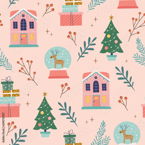 Christmas seamless pattern with houses, snowballs and trees. Seasonal winter design. Cute vector illustration in flat cartoon style © Biscotto Design