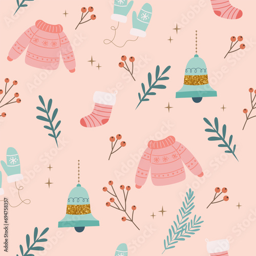 Christmas seamless pattern with sweaters and bells. Seasonal winter design. Cute vector illustration in flat cartoon style