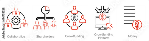 A set of 5 Crowdfunding icons as shareholders, crowdfunding, crowdfunding platform