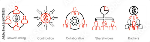A set of 5 Crowdfunding icons as crowdfunding, contribution, collaborative