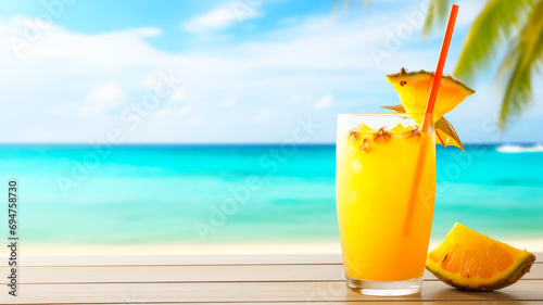 Glas mit tropischem Cocktail und schöner Aussicht auf das Meer