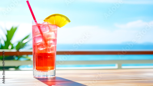 Glas mit tropischem Cocktail und schöner Aussicht auf das Meer