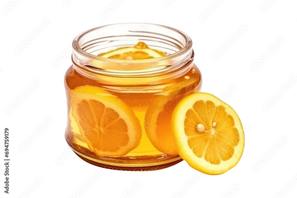 Lemon sliced and honey in glass jar isolated on transparent background. Lemon sliced and honey in glass jar isolated on transparent background.