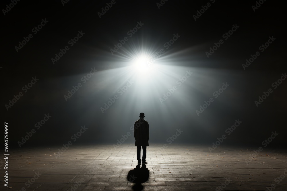 Unidentified individual's concealed silhouette under studio lights, Generative AI Unidentified individual's concealed silhouette under studio lights, Generative AI