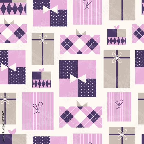 Retro Geometric Christmas Seamless Pattern with gifts in a minimalist flat style. Happy New Year Seamless background. 