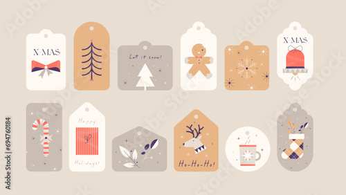 Set of Christmas and New Year's gift tags illustrations with decorative elements and winter symbols. Retro geometric flat illustrations.