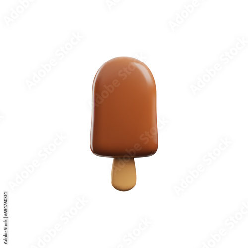 Ice cream on a stick realistic 3D icon, vector render isolated sundae eskimo, popsicle with brown glaze, frozen dessert