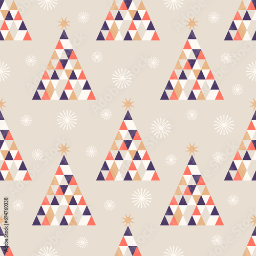 Retro Geometric Christmas Seamless Pattern in a minimalist flat style with Christmas tree and fireworks. Vintage Happy New Year seamless background.