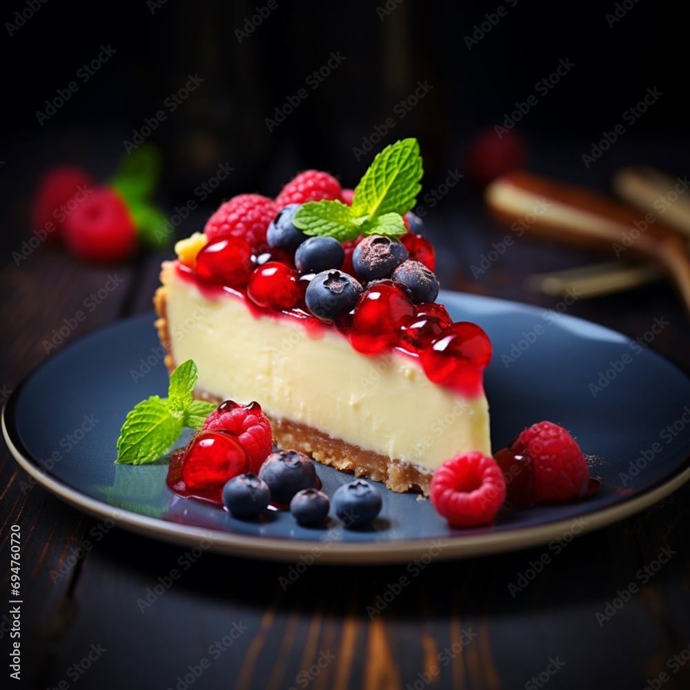 Cheesecake with blueberry, raspberry and blackberry. Cozy blur background. Cheesecake with blueberry, raspberry and blackberry. Cozy blur background.