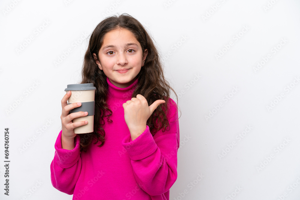 Little caucasian girl holding a take away coffee isolated on white background pointing to the side to present a product Little caucasian girl holding a take away coffee isolated on white background pointing to the side to present a product