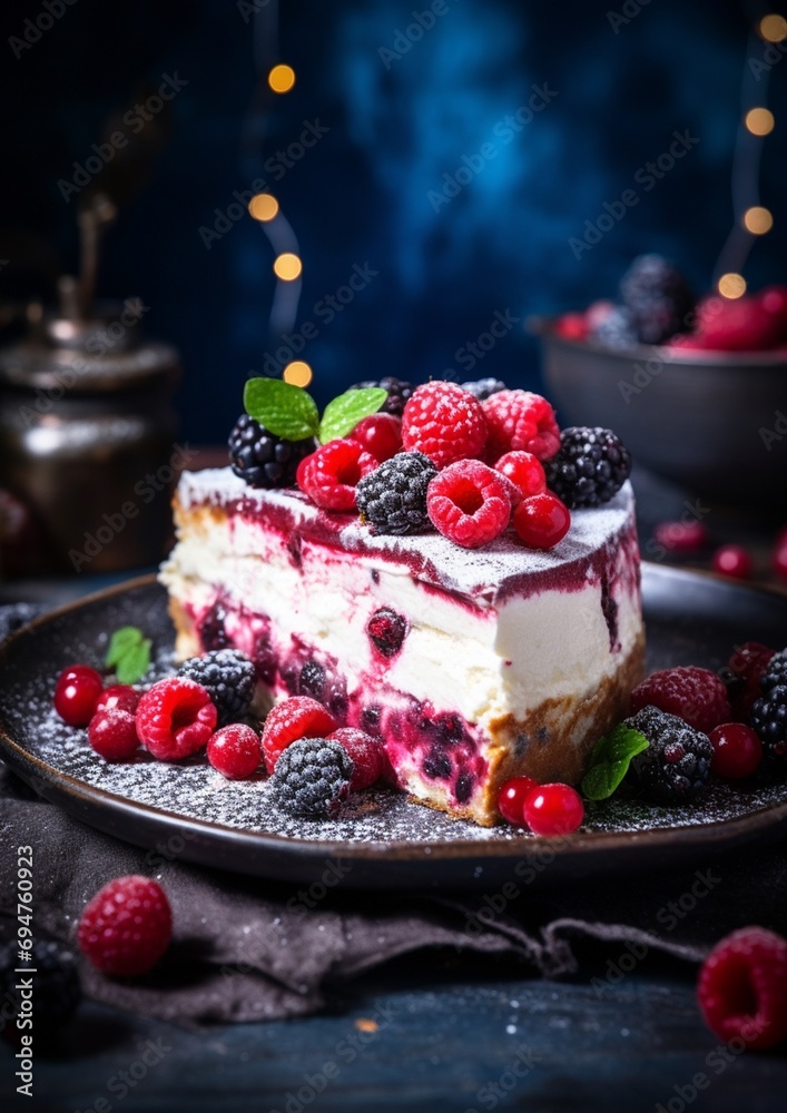 Cheesecake with blueberry, raspberry and blackberry. Cozy blur background. Cheesecake with blueberry, raspberry and blackberry. Cozy blur background.