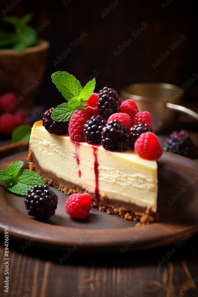 Cheesecake with blueberry, raspberry and blackberry. Cozy blur background. Cheesecake with blueberry, raspberry and blackberry. Cozy blur background.