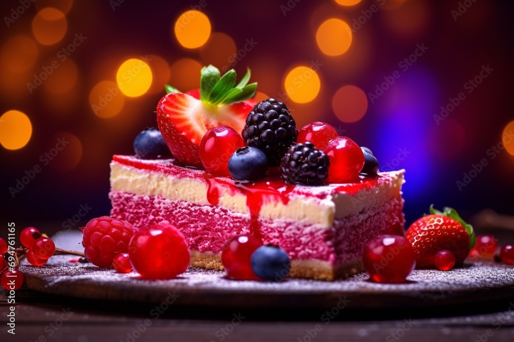 Cheesecake with blueberry, raspberry and blackberry. Cozy blur background. Cheesecake with blueberry, raspberry and blackberry. Cozy blur background.