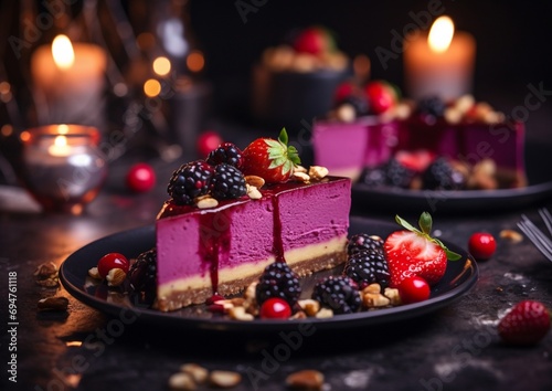 Cheesecake with blueberry, raspberry and blackberry. Cozy blur background.