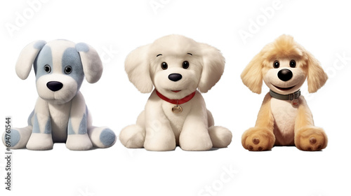 Cutout set of 3 stuffed toy dog animals isolated on transparent png background