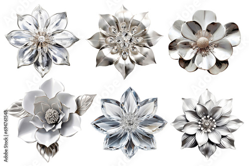 Set of silver decor flowers on isolated background