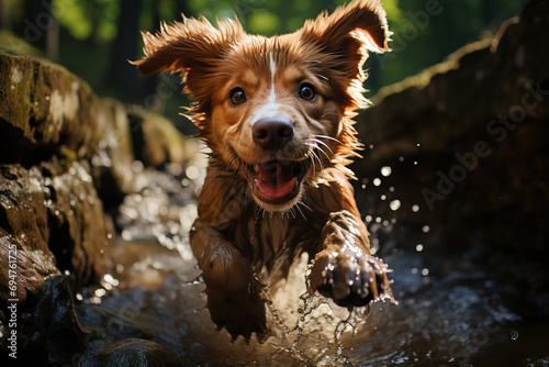 Energetic brown dog splashing through water with a joyful expression in a sunlit outdoor setting.