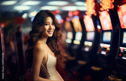 You woman standing in front of slot machines inside a casino. Generative AI photo