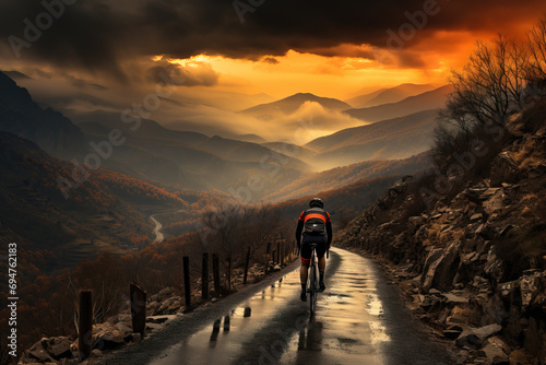 A lone cyclist travels a winding mountain road at sunset, with dramatic skies and vibrant colors overhead.