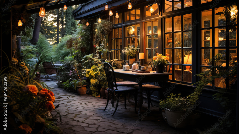 A romantic outdoor dining setup in a garden patio at twilight, with warm lighting and lush plants.