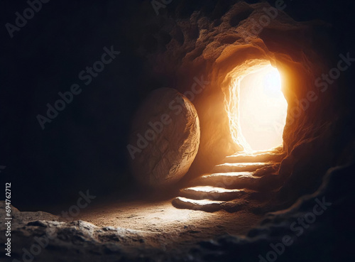 The empty tomb, with the stone rolled back - Easter story photo